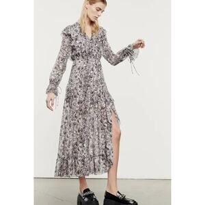 The Kooples black and Silver Floral Print ruffle v neck long sleeve midi dress 0